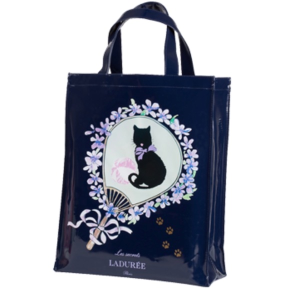 Rare Ladurée Paris Les Secrets Patent Navy Cat Large Tote Bag Hard to Find Print - Picture 4 of 15